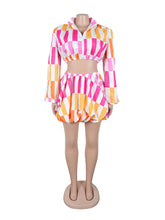 Casual Print Cropped Shirt High Waist Skirt Sets