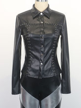 Fashion Studded Slim Faux-Leather Shirt