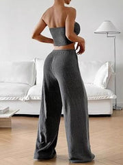 Ribbed Knit Asymmetric Strapless Top And Pants Set