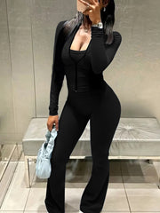 Casual Zip Up Top Slim Flared Leggings Sets