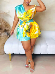 Fashion Skew Collar Print Backless Casual Romper