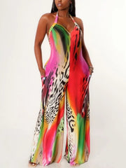 Casual V Neck Print Multicolor One-piece Jumpsuit
