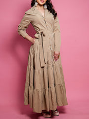 Elegant Lapel Long Sleeve Cinched Waist Maxi Dress