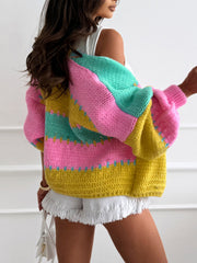 Casual Colorblock Patchwork Knit Cardigan