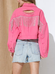 Casual Rhinestone Tassel Ripped Denim Jacket