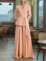 Elegant V Neck Lace-up Top High Waist Wide Leg Pant Set