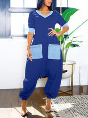 Casual V Neck Denim Patchwork Cargo Jumpsuit