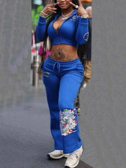 Fashion Print Hoodie High Waist Straight Pants Set