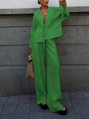 Casual V Neck Lace-up Shirt Wide Leg Pants Set