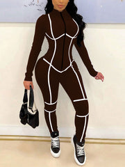 Sexy Front Zipper Striped Tight Sports Jumpsuit