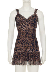 Sexy Leopard Print Backless Mesh Mini Dress