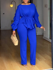 O Neck Ruffle Long Sleeve Drawstring Top Pants Set