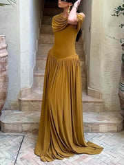 Elegant Sloping Shoulder Pleated Slim Maxi Dress
