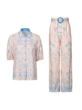 Print Puff Short Sleeve Shirt And Straight Pants Set