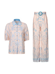 Print Puff Short Sleeve Shirt And Straight Pants Set
