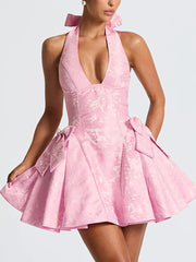 Sexy Jacquard Bow Deep V Halter Mini Dress