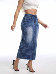 Fashion Butterfly Print Denim Long Skirt