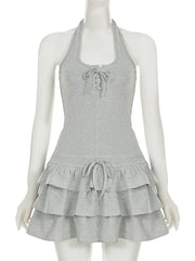 Casual Halter Backless Sleeveless Tiered Mini Dress