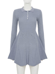 Fashion Polo Collar Button Sweater Mini Dress