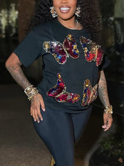 Casual Chic Round Neck Sequin Butterfly T-shirt