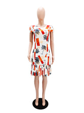 Elegant Round Collar Print Slim Fit Pleated Midi Dress