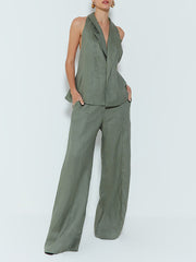 Fashion Tie-up Halter Backless Top Straight Pants Set