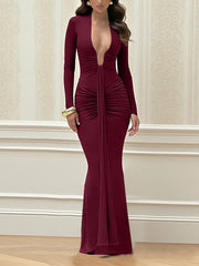 Elegant Deep V Pleated Bodycon Slit Maxi Dress