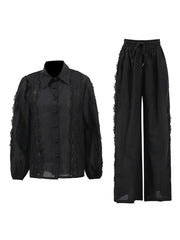 Patchwork Lace Embroider T-shirt Wide Leg Pant Sets