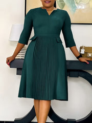 Business Casual Round Neck Slim Pleated Midi Dress
