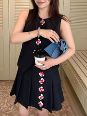 Elegant O Neck Floral Button-up Top Mini Skirt Sets