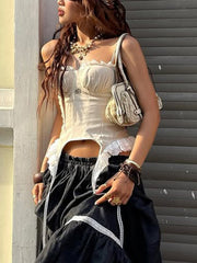 Lace Trim Pleated Spaghetti Strap Casual Tops