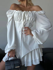 Square Neck Lace-up Bubble Sleeves Ruffle Mini Dress