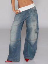 Casual Elastic Waist Patchwork Baggy Jeans