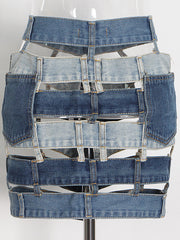Fashion Patchwork Cut out Denim Skirt