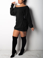Sexy Off Shoulder Drawstring Lace-up Loose Mini Dress