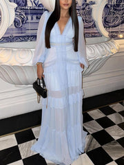 Sexy V-neck Patchwork Ruffle Split Maxi Dress