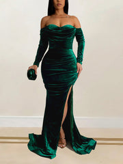 Off Shoulder Slit Mermaid Hem Velvet Gowns Maxi Dress