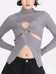 Fashion Round Neck Crisscross Hollow Out Knit Sweater