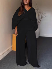 Casual V-neck Batwing Sleeve Shirt High Waist Pants Set