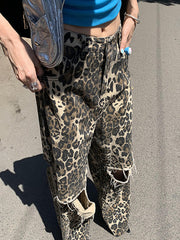 Fashion Leopard Print Ripped Straight Jeans