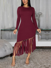 Elegant Round Neck Tassel Slim Dress
