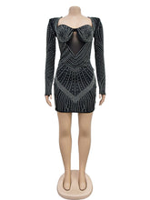 Sexy Rhinestone Mesh See Through Bodycon Mini Dress