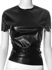 Sexy O Neck Ruched PU Crop T-shirt Top