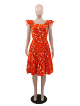 Fashion Floral Print Square Neck Ruffled Midi Dress