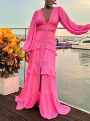 Sexy V-neck Patchwork Ruffle Split Maxi Dress