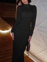 See Through Turtleneck Bodycon Maxi Dress