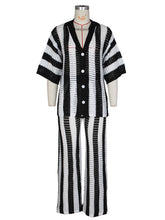 V Neck Hollow out Stripe Knit Trousers Casual Set