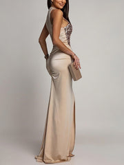 Sexy Sleeveless Ruched Sequin Split Bodycon Dress