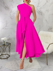 Elegant One Shoulder Pleated Party Maxi Split Dress
