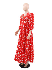 Fashion V-neck Print Puff Sleeves Slim Maxi Dress